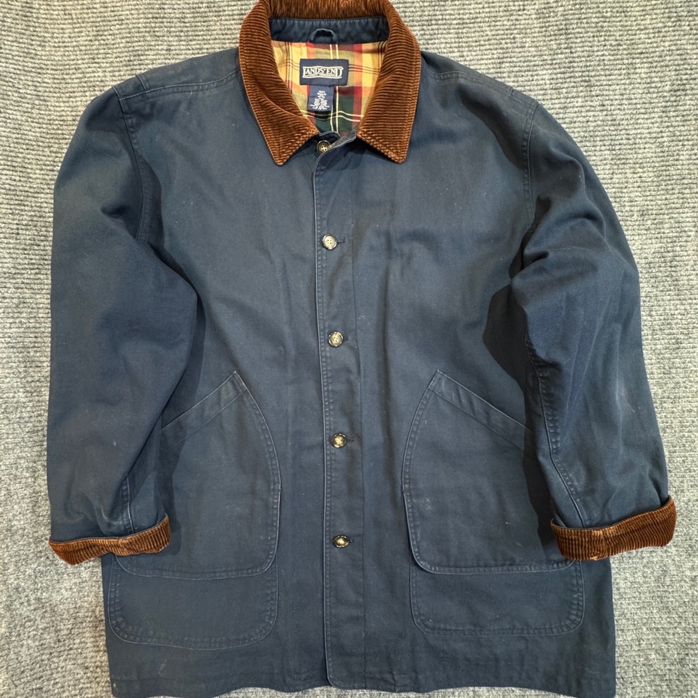 Vintage 90s Lands End Mens 2XL Barn Coat Navy Canvas Corduroy Collar Plaid